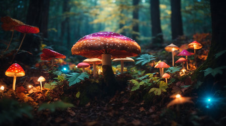 Fly agaric in the forest at night with colorful lights.の素材
