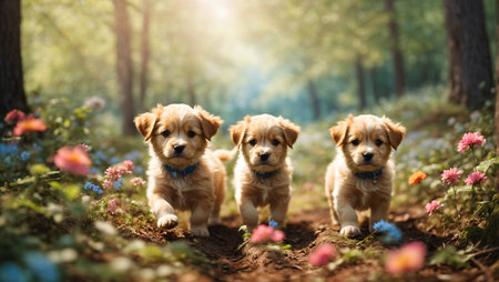 Cute Golden Retriever puppies walking in the summer forest.の素材