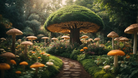 Mushroom garden in the morning light,3d rendering.の素材