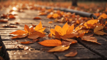 Autumn leaves on a wooden walkway in the park. Selective focusの素材