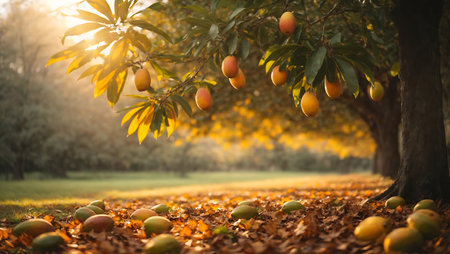 Mango fruit on the tree with leaves in the park at sunset.の素材