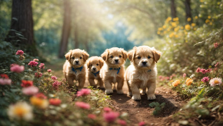 Golden Retriever puppies walking in the park on a sunny dayの素材