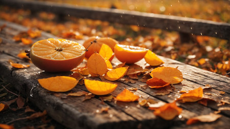 Sliced orange on wooden bench in autumn park, closeupの素材