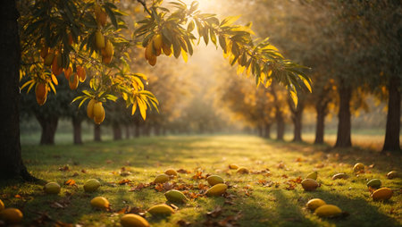 Mango tree with ripe fruits in the park at sunset. Beautiful autumn landscape.の素材