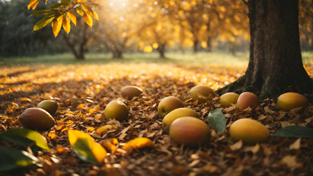 Mango fruit on the ground in the park. Autumn harvest.の素材