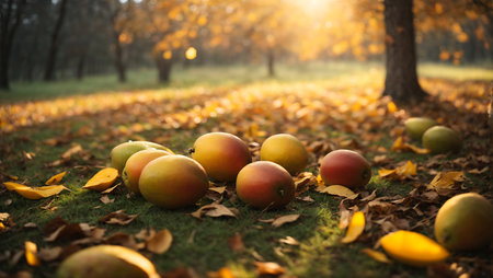 Autumn apples on the grass in the park. Autumn background.の素材