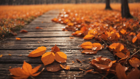 Autumn leaves on a wooden boardwalk in the forest. Autumn backgroundの素材