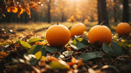 Orange fruits on the ground in the autumn forest with fallen leaves.の素材