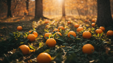 Ripe tangerines on the ground in the autumn forest.の素材