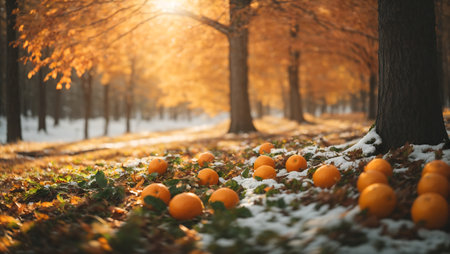 Tangerines on the snow in the autumn park. Beautiful winter landscape.の素材