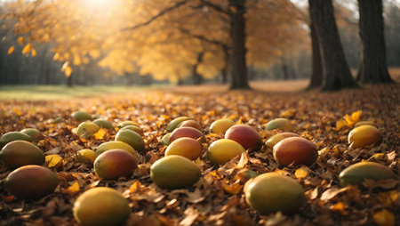Mangoes on the ground in the autumn park. Selective focus.の素材
