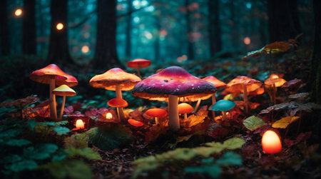 Mushrooms in the forest at night. Beautiful autumn background.の素材