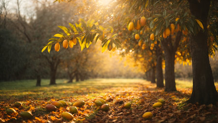 Mango tree with ripe mango fruits and yellow leaves in autumn.の素材
