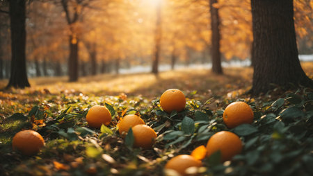 Tangerines on the ground in the autumn park. Orange backgroundの素材