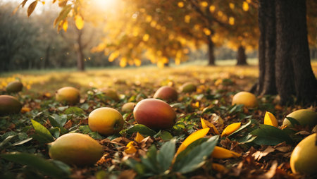 Autumn apples on the ground in an orchard. Autumn backgroundの素材