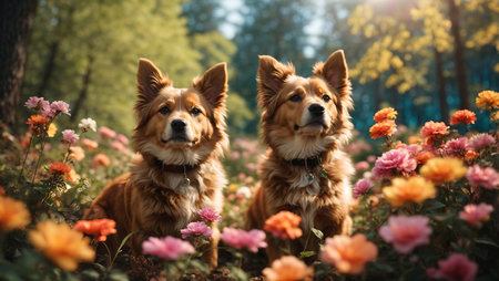 Two red dogs in the park on a background of blooming flowersの素材