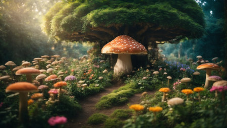 Fantasy mushroom in the garden. Beautiful fantasy landscape with mushrooms.の素材