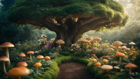 Beautiful fantasy landscape with a big tree and mushrooms. 3d renderingの素材