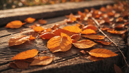 Autumn leaves on wooden bench in park, shallow depth of fieldの素材