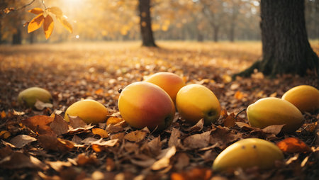 Mango fruits on the ground in the autumn park. Autumn background.の素材