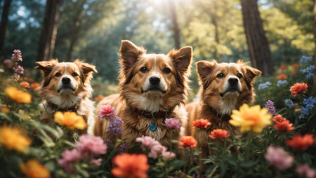 Portrait of three red dogs in the field of flowers in summerの素材