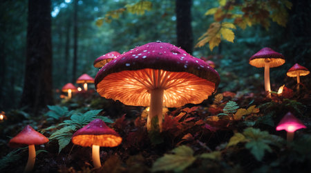 Mushrooms growing in the forest at night. Fairytale magic.の素材