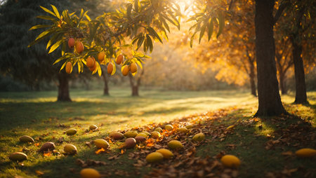 Mango fruits on the tree in the morning light. Beautiful autumn landscape.の素材