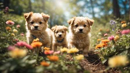 Three cute golden retriever puppies walking in the park. Selective focus.の素材