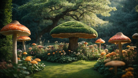 Fantasy landscape with mushrooms in the garden. Selective focus, ai generatedの素材