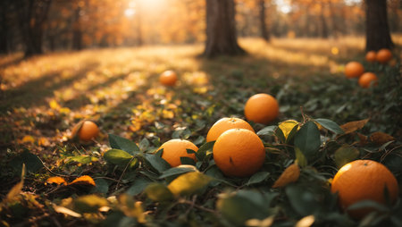 Tangerines on the ground in the autumn forest. Selective focus.の素材