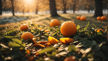 Ripe tangerines on the ground in the autumn park.の素材