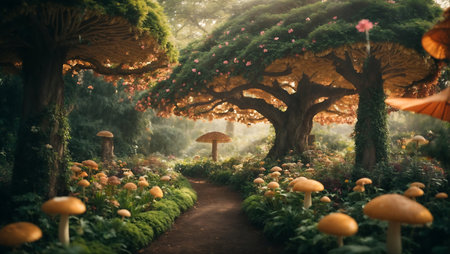 Garden decoration in the form of a tunnel with mushrooms and treesの素材