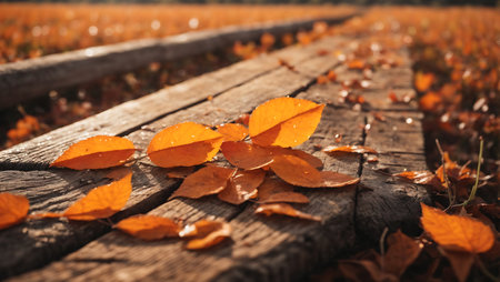 Autumn leaves on a wooden boardwalk in the autumn forest.の素材