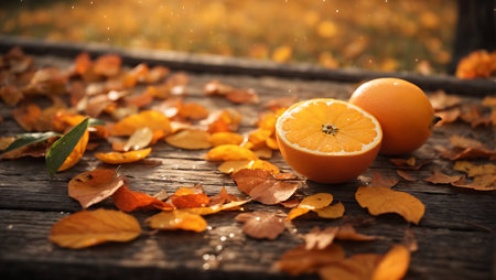 Oranges and leaves on a wooden table in the autumn park.の素材