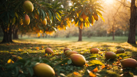 Mango fruit on the tree with sunlight in the morning. Selective focus.の素材