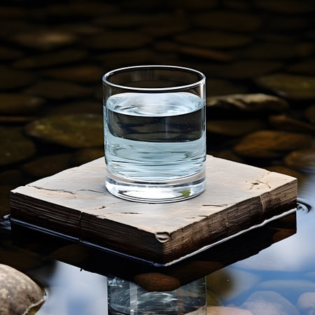 Glass of pure water on a wooden table on a background of stonesの素材
