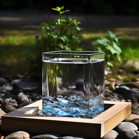 Glass of water with ice cubes in a wooden box on a garden backgroundの素材