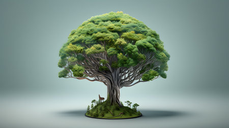 3d rendering of a big green tree on a gray background.の素材