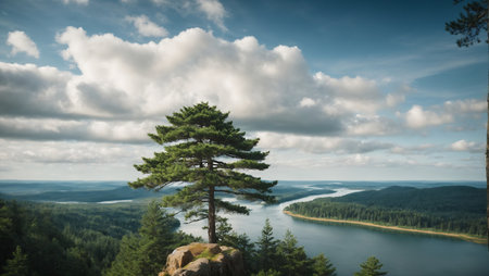 View from the top of the mountain on the lake and pine treeの素材