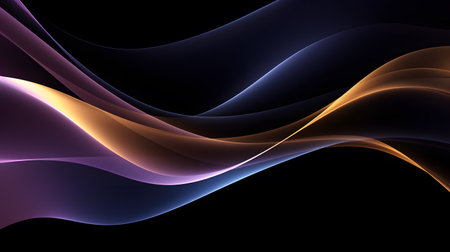 abstract background with blue and orange wavy lines on black backgroundの素材