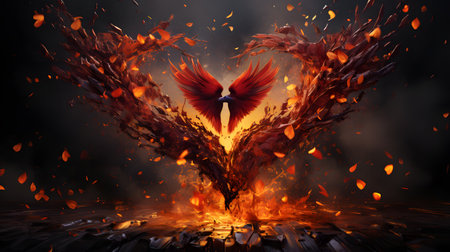 3D rendering of a red bird flying in the air, surrounded by flamesの素材