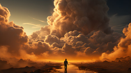 Silhouette of a man standing on the top of the mountain and looking into the distance.の素材