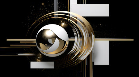 Abstract black and white background with golden elements and eye. Vector illustrationの素材