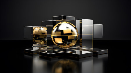 Abstract 3d rendering of golden sphere and cubes on black background.の素材
