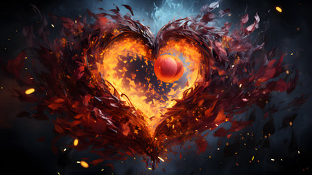 Burning heart with red apple in the middle on a dark backgroundの素材