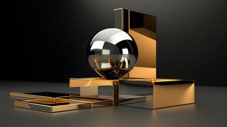 3d rendering of abstract geometric forms. Glossy golden podium for product presentation.の素材