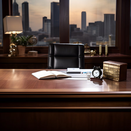 Office table with book, alarm clock and leather armchair. 3d renderingの素材