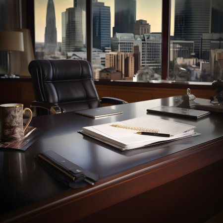 Luxury office interior with black leather armchair, notepad and coffee cup.の素材