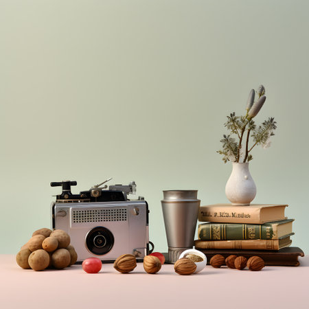 Vintage camera, coffee cup, books, and fruits on pastel backgroundの素材