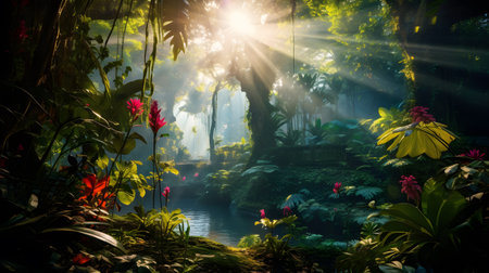 Tropical garden with sunlight in the morning. Nature background.の素材